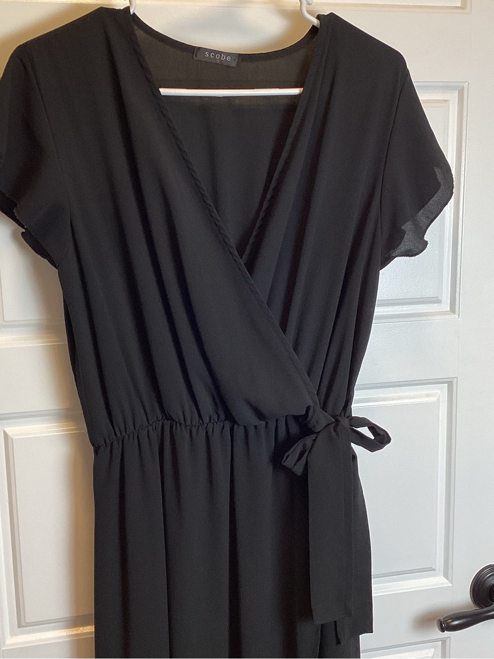 Black Short Flutter Sleeve Faux Wrap Midi Dress